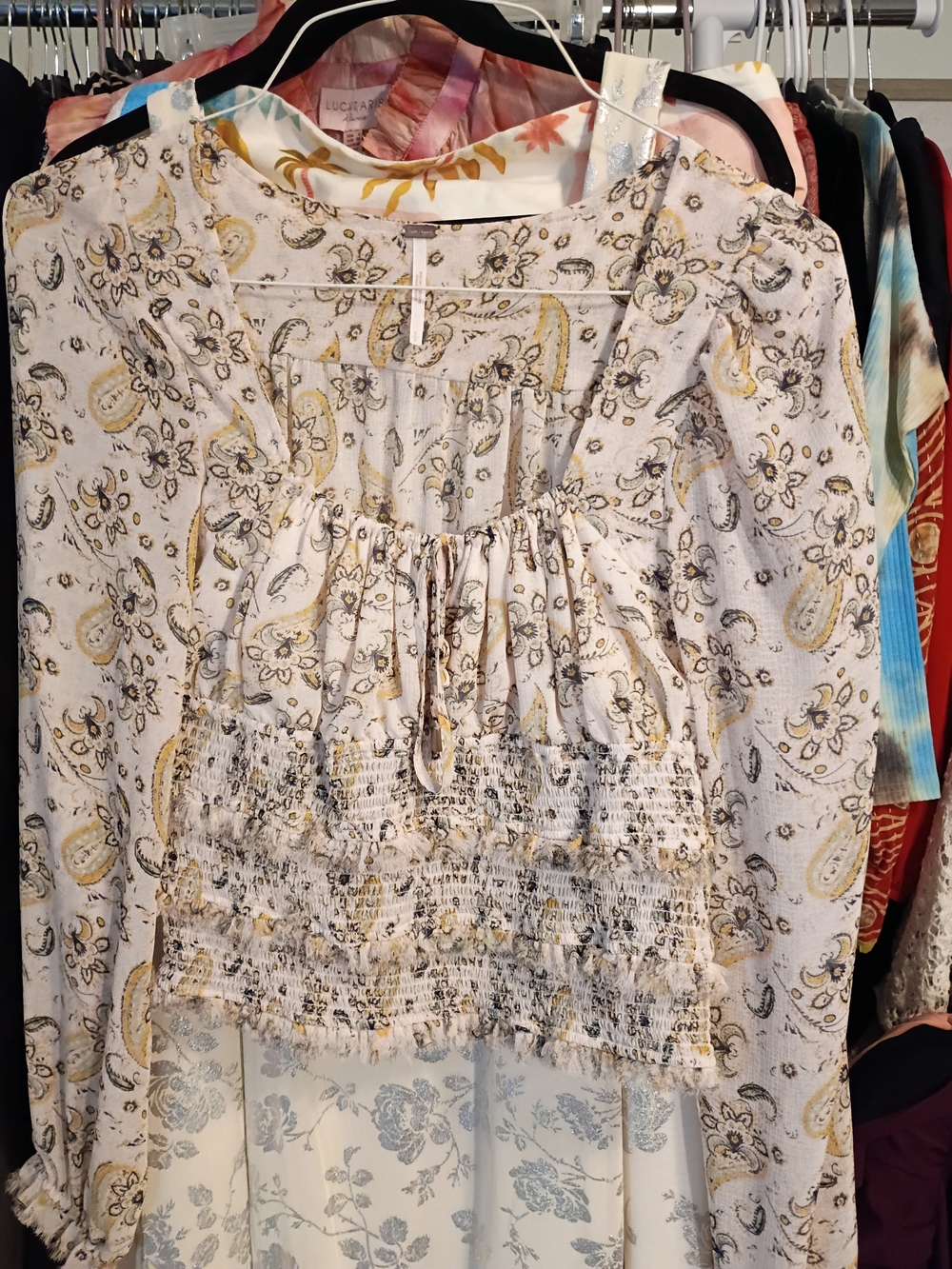 Free People Cream Floral Paisley Smocked Top with Gold Accents